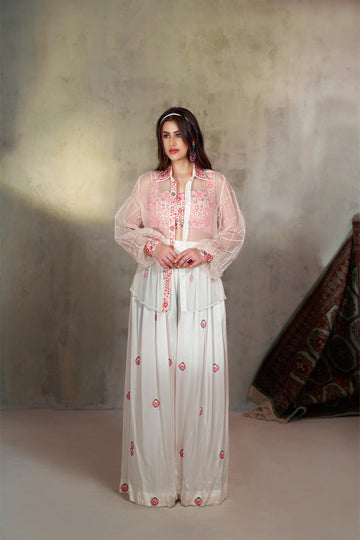 Silk Organza Shirt ,Embroidered Bralette & Pleated Pants