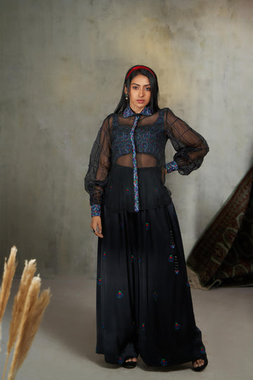 Silk Organza Shirt ,Embroidered Bralette & Pleated Pants