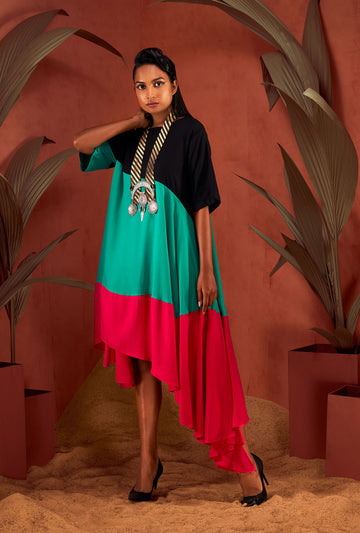 Front view of a sea green colour-blocked dress.