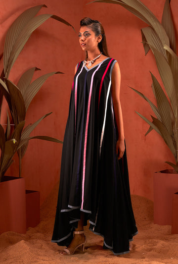 Panelled Multi Hue Asymmetric Gown