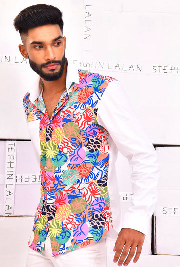 Front view of a white shirt with printed detailing.