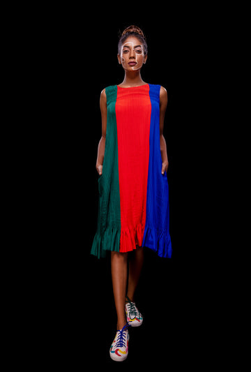 Sleeveless Colour Block Pin-tucked Dress