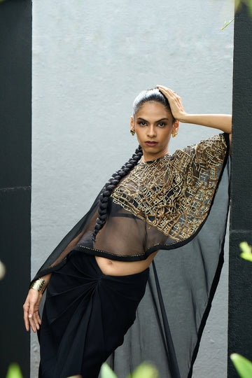 Obsidian Black Bralette & Draped Skirt With Hand-Embellished Cape