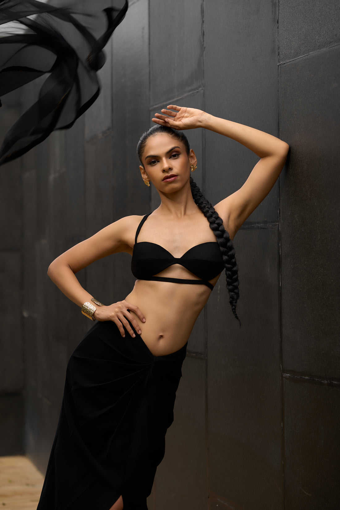 Obsidian Black Bralette & Draped Skirt With Hand-Embellished Cape