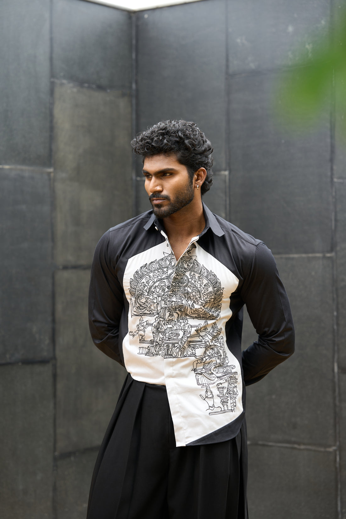 Obsidian Black - Grey Temple Motif Shirt