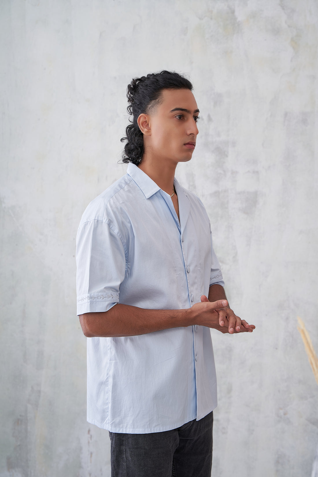 Cuban Collar Oversized Shirt Embroidered With Turkish Inlay