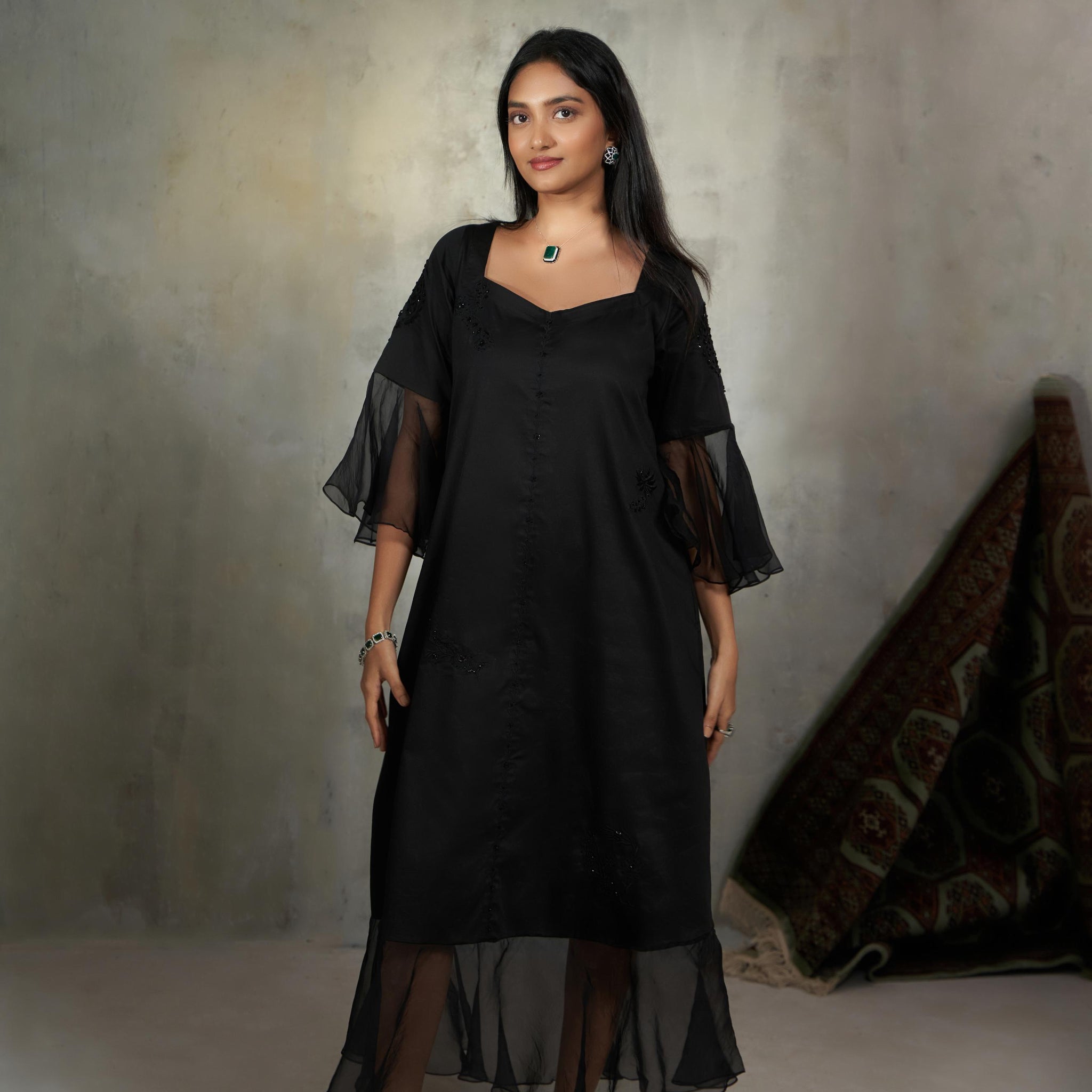 Dress With Cascades Sleeve & Hem Dress