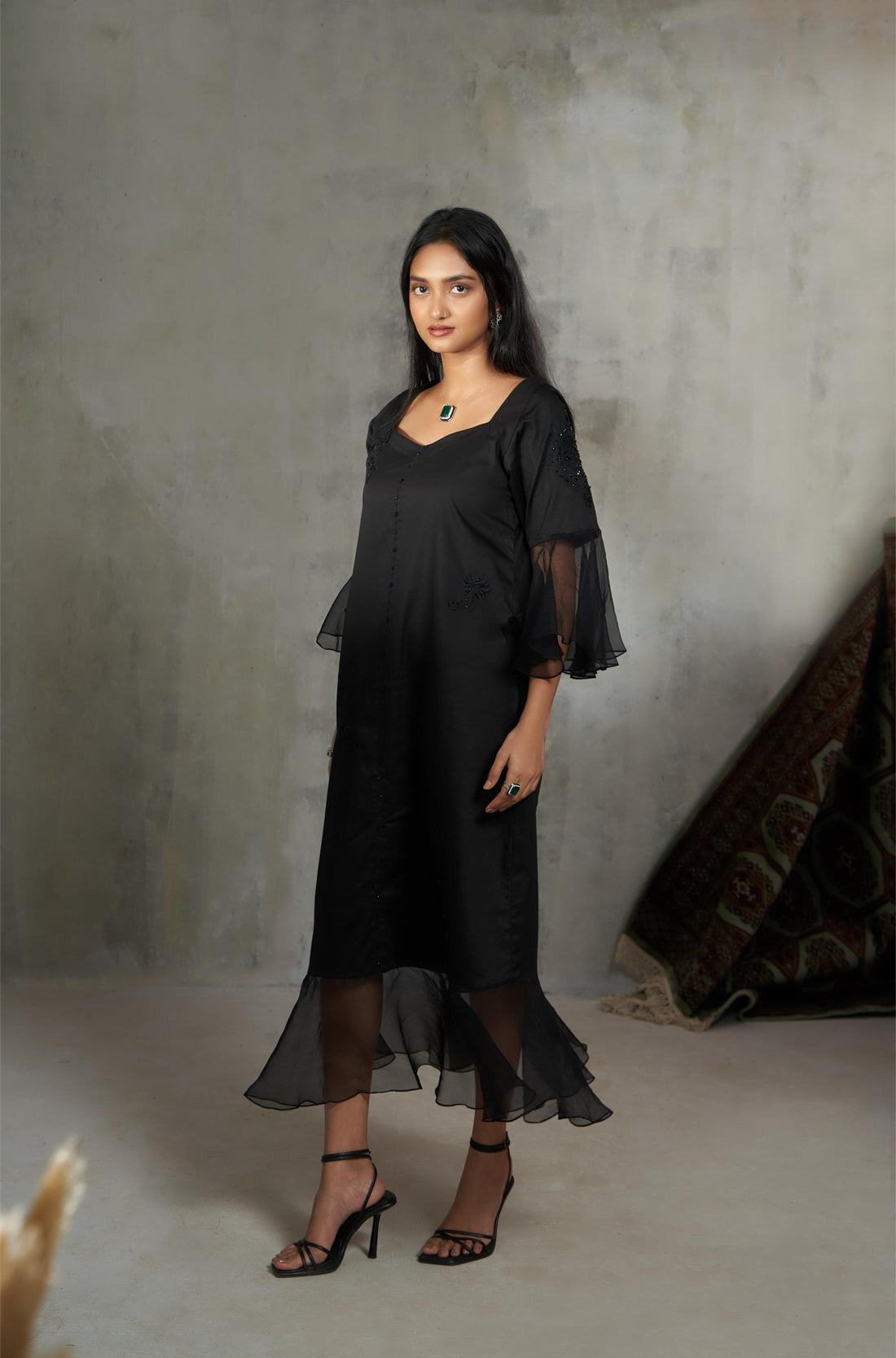 Dress With Cascades Sleeve & Hem Dress