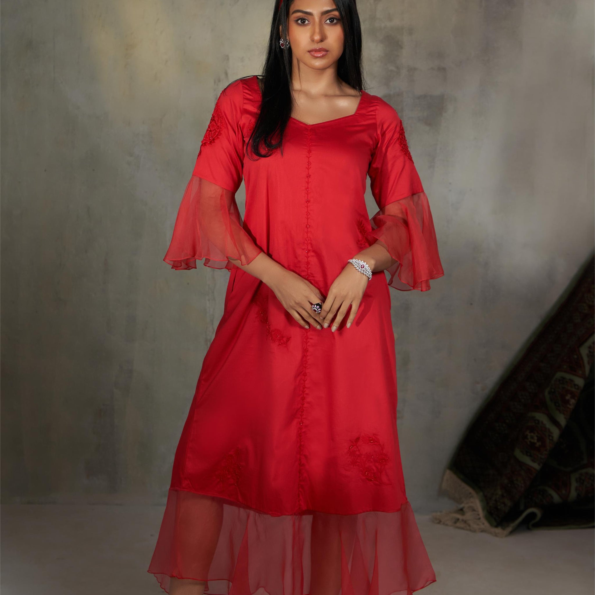 Dress With Cascades Sleeve & Hem Dress
