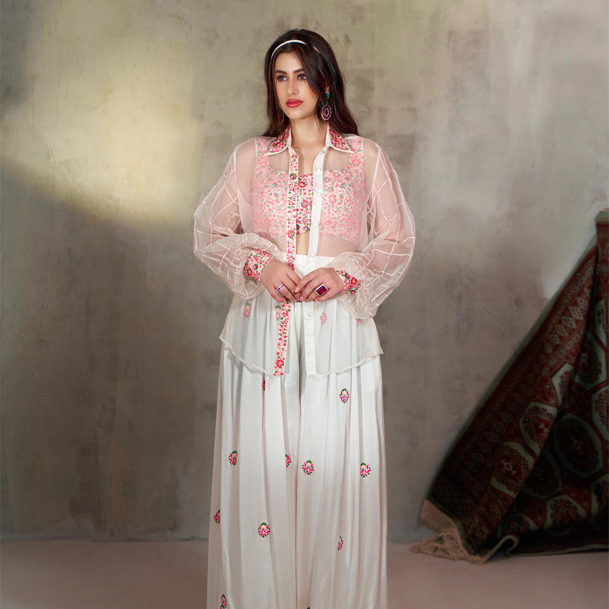 Silk Organza Shirt ,Embroidered Bralette & Pleated Pants