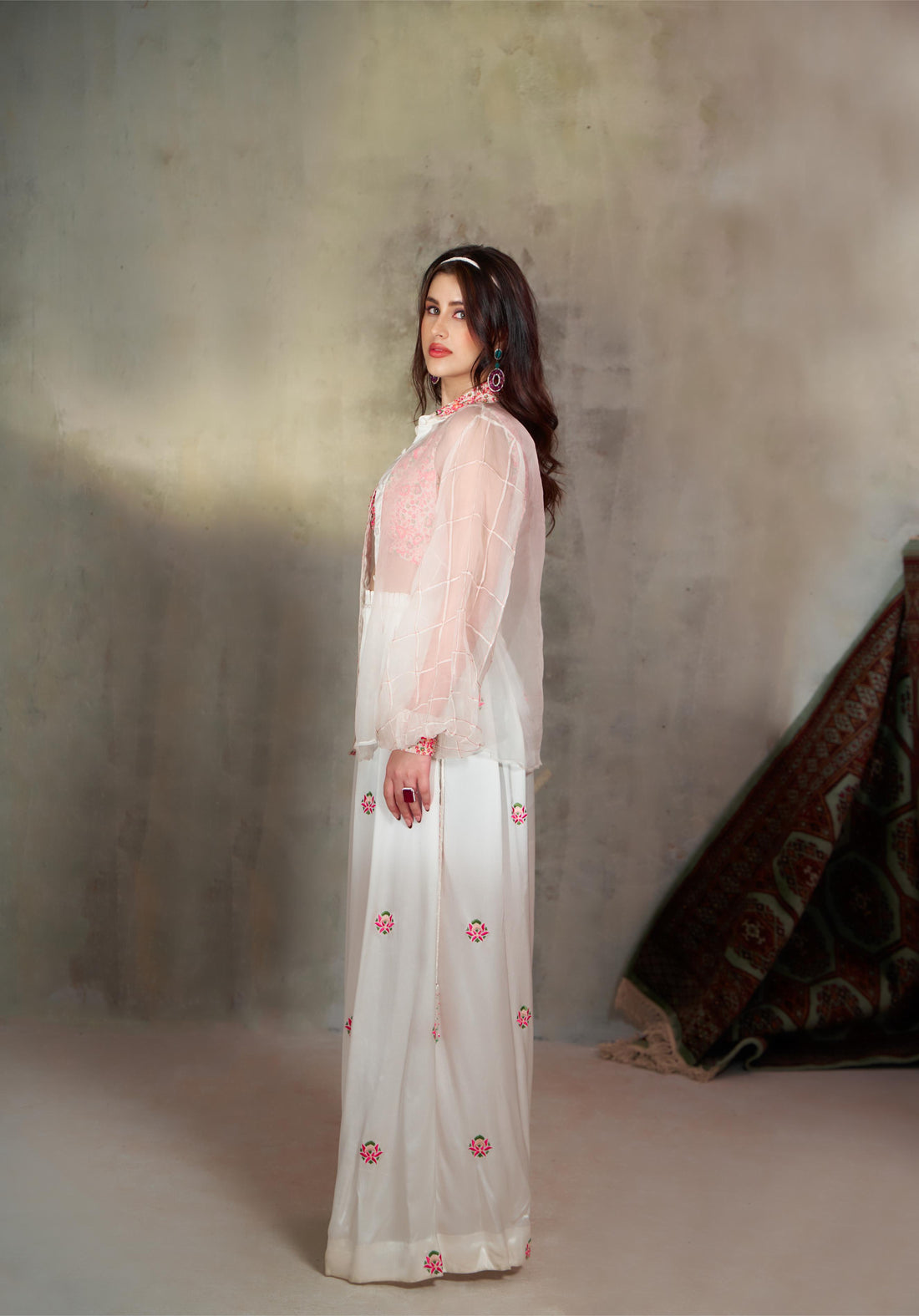 Silk Organza Shirt ,Embroidered Bralette & Pleated Pants