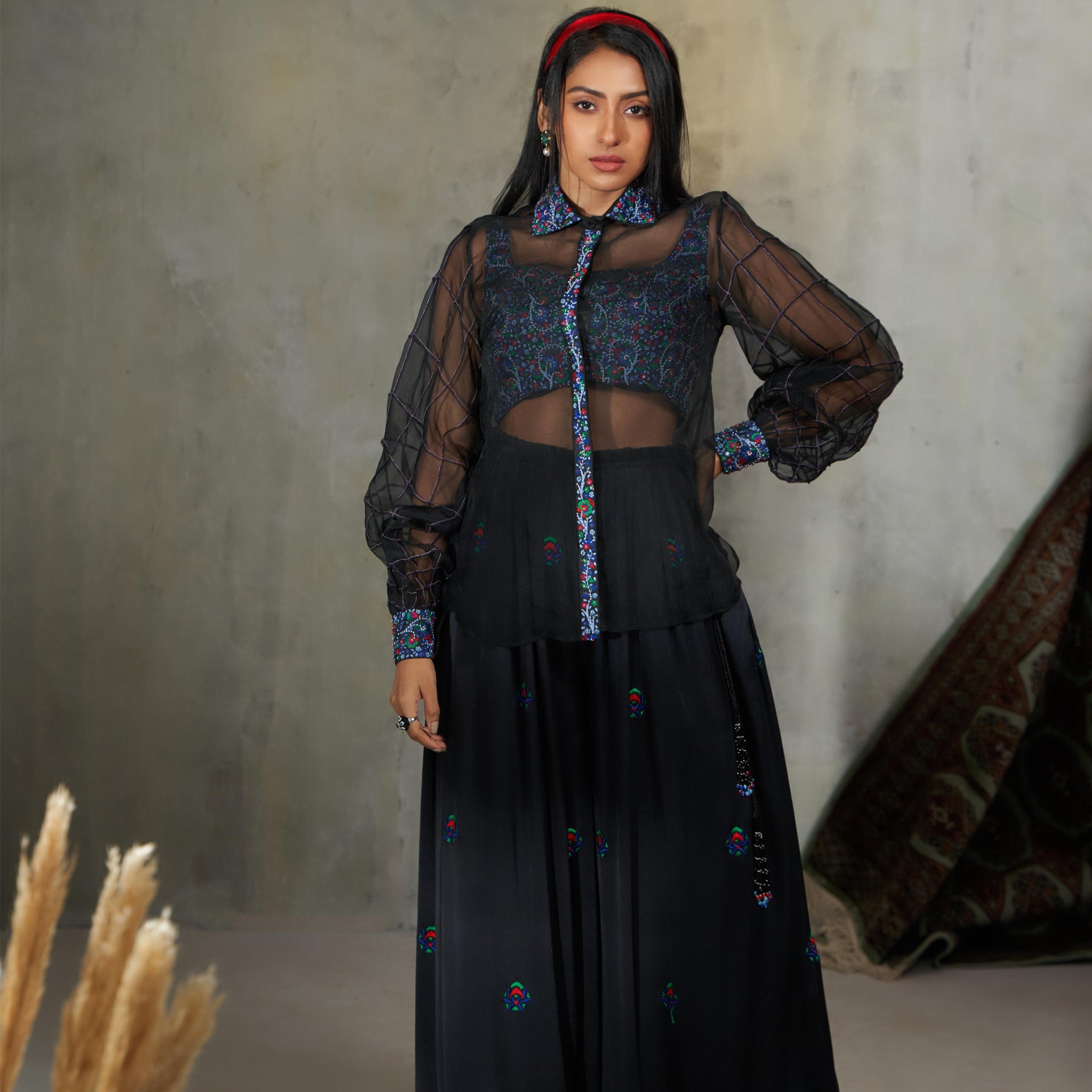 Silk Organza Shirt ,Embroidered Bralette & Pleated Pants