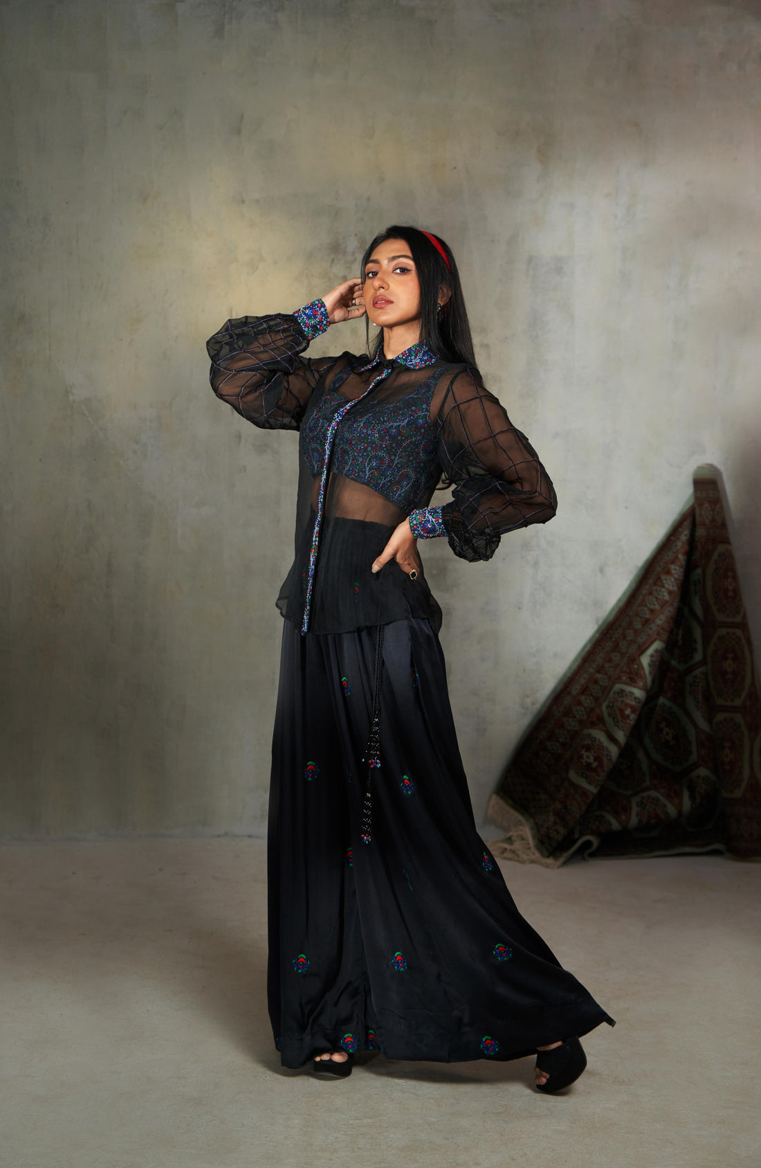 Silk Organza Shirt ,Embroidered Bralette & Pleated Pants