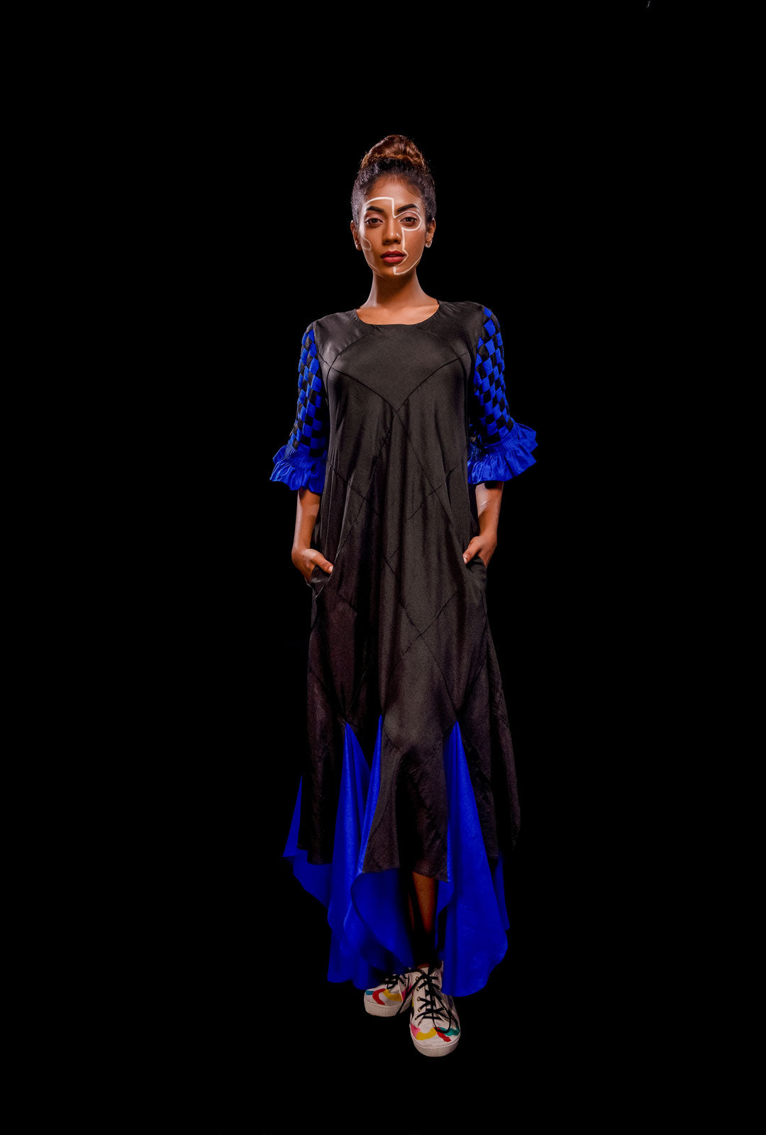 Asymmetric Godet Dress With Pin-tucks Woven Sleeve