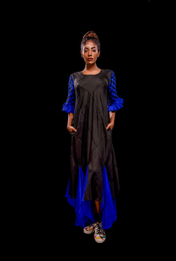 Asymmetric Godet Dress With Pin-tucks Woven Sleeve