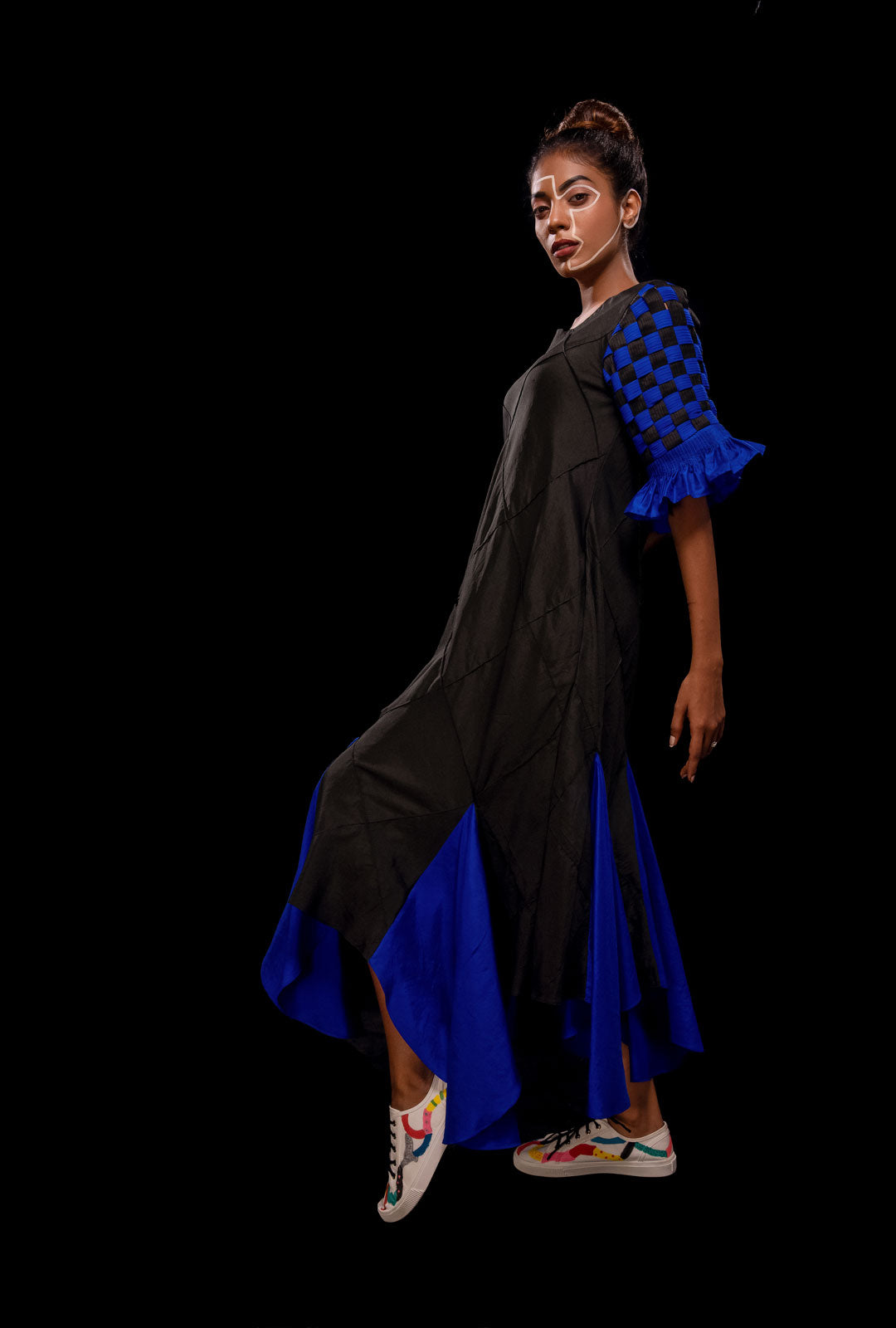 Asymmetric Godet Dress With Pin-tucks Woven Sleeve