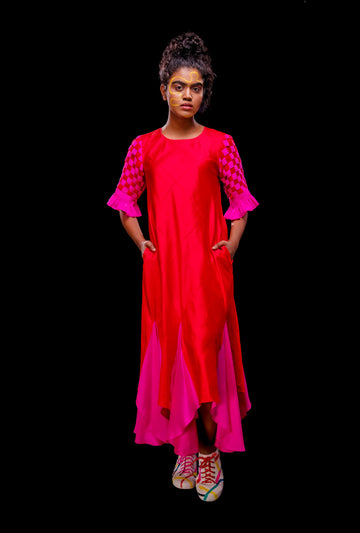 Asymmetric Godet Dress With Pin-tucks Woven Sleeve