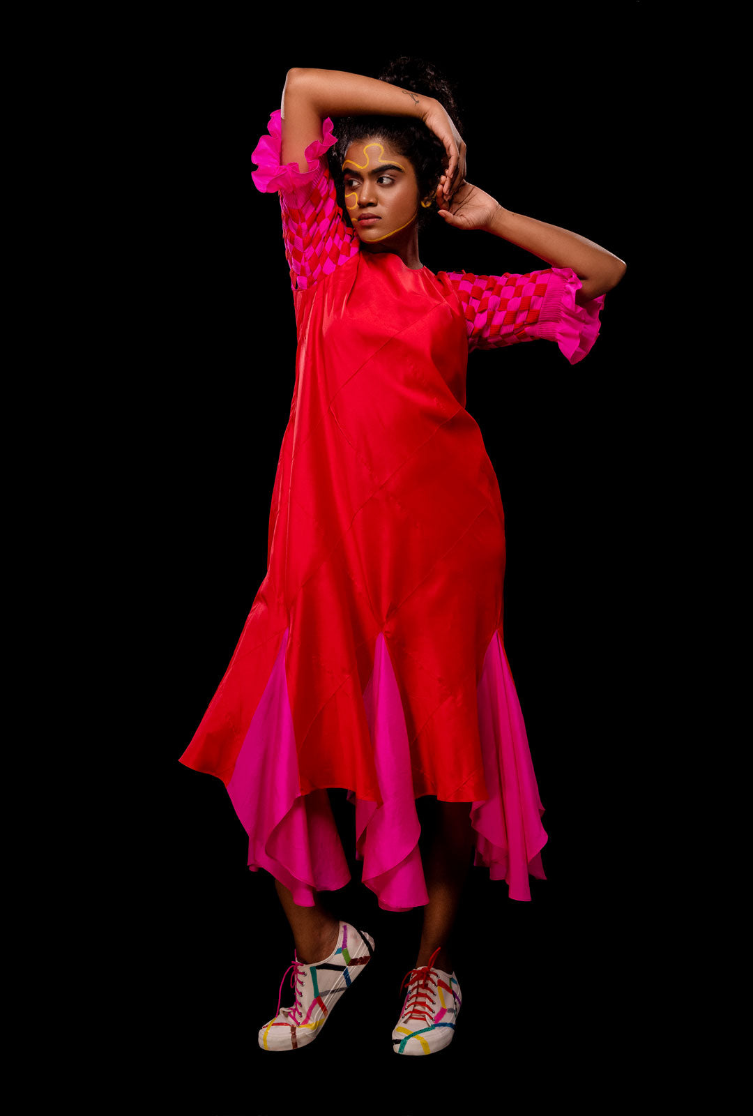 Asymmetric Godet Dress With Pin-tucks Woven Sleeve