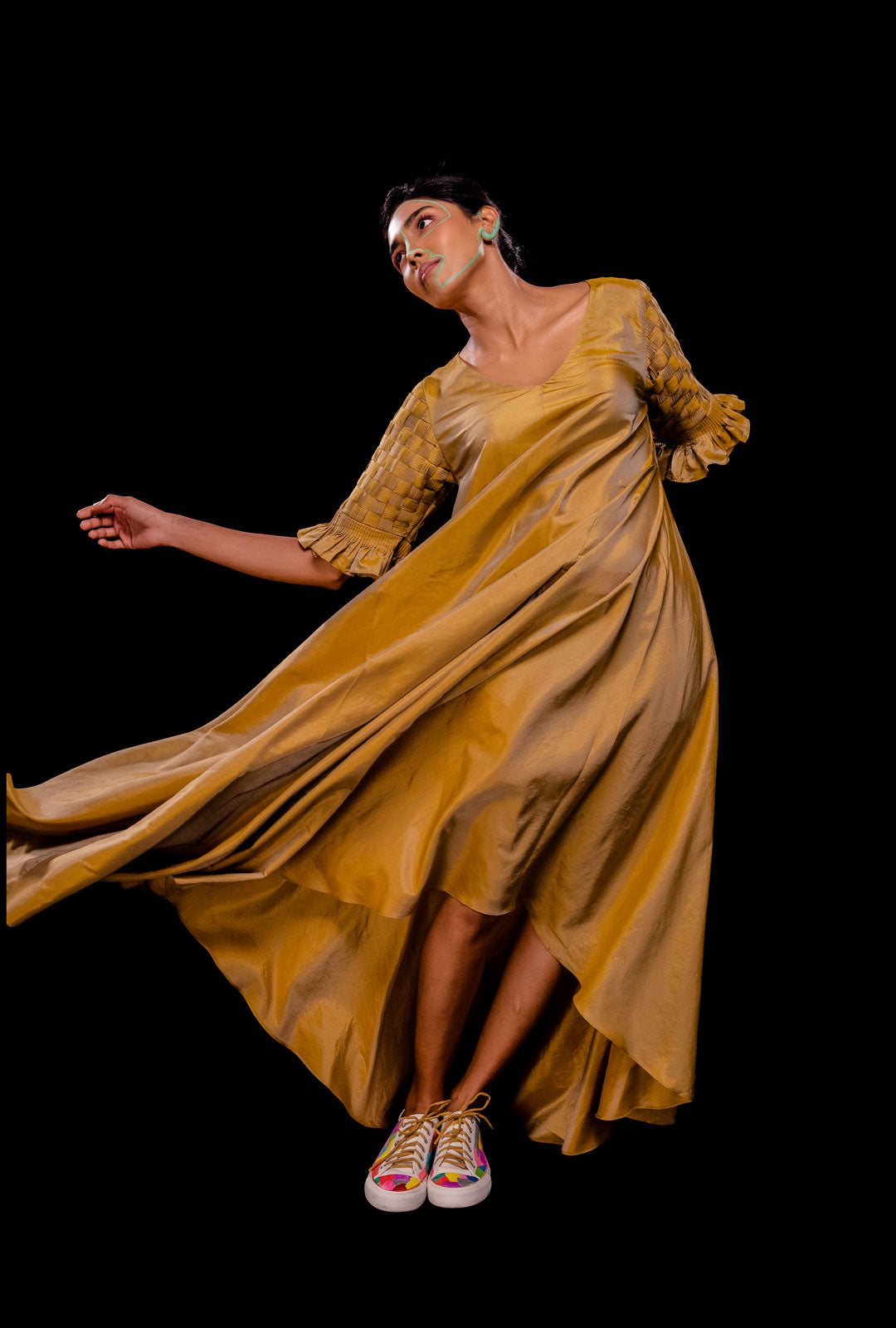 Asymmetric Gown With Pin-tuck Woven Sleeve
