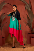 Front view of a sea green colour-blocked dress.
