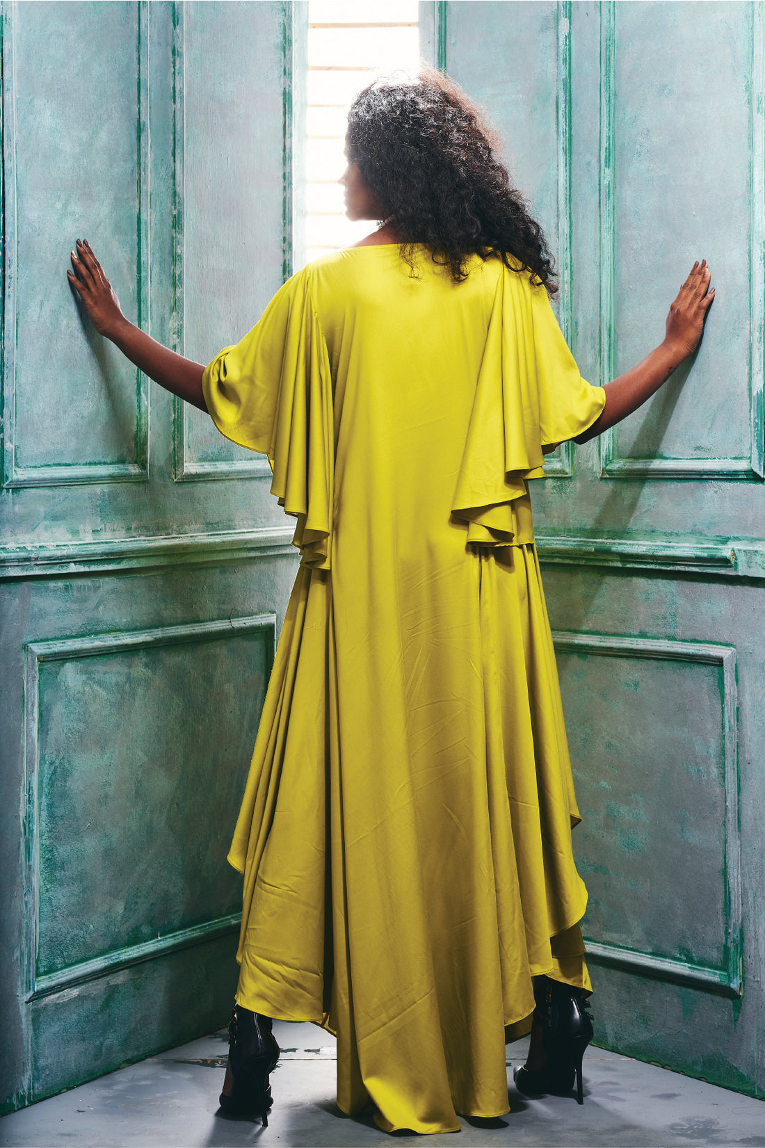 Asymmetrical Gown With Cascade Sleeve