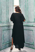Back view of the dress With Asymmetrical Hemline & Cascade Sleeve.