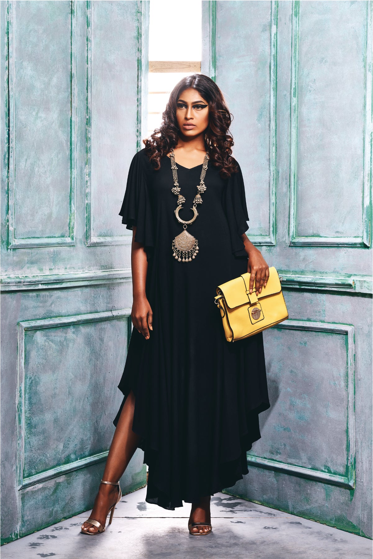 Front view of the dress With Asymmetrical Hemline & Cascade Sleeve.