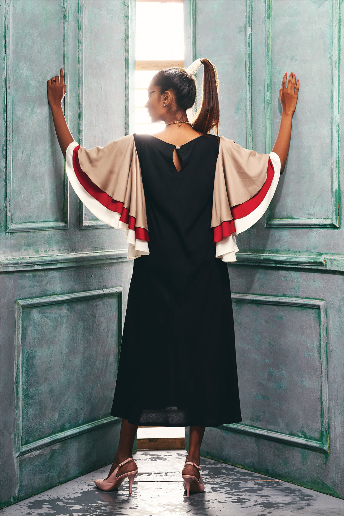 Dress With Multi Colour Cascade Sleeves