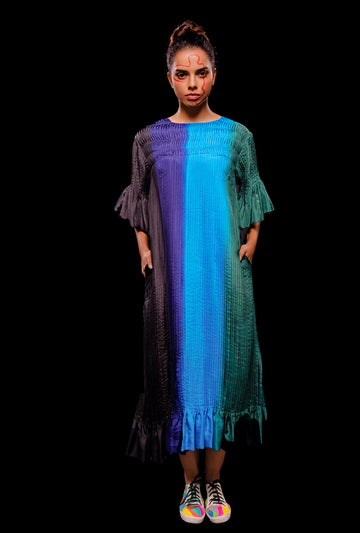 Ombré Pintucked Dress With Ruffle Hem