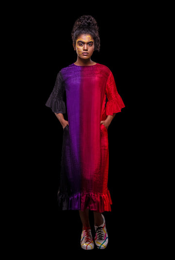 Ombré Pintucked Dress With Ruffle Hem