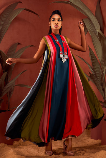 Multicolor Panelled Chromatic Sleeveless Gown