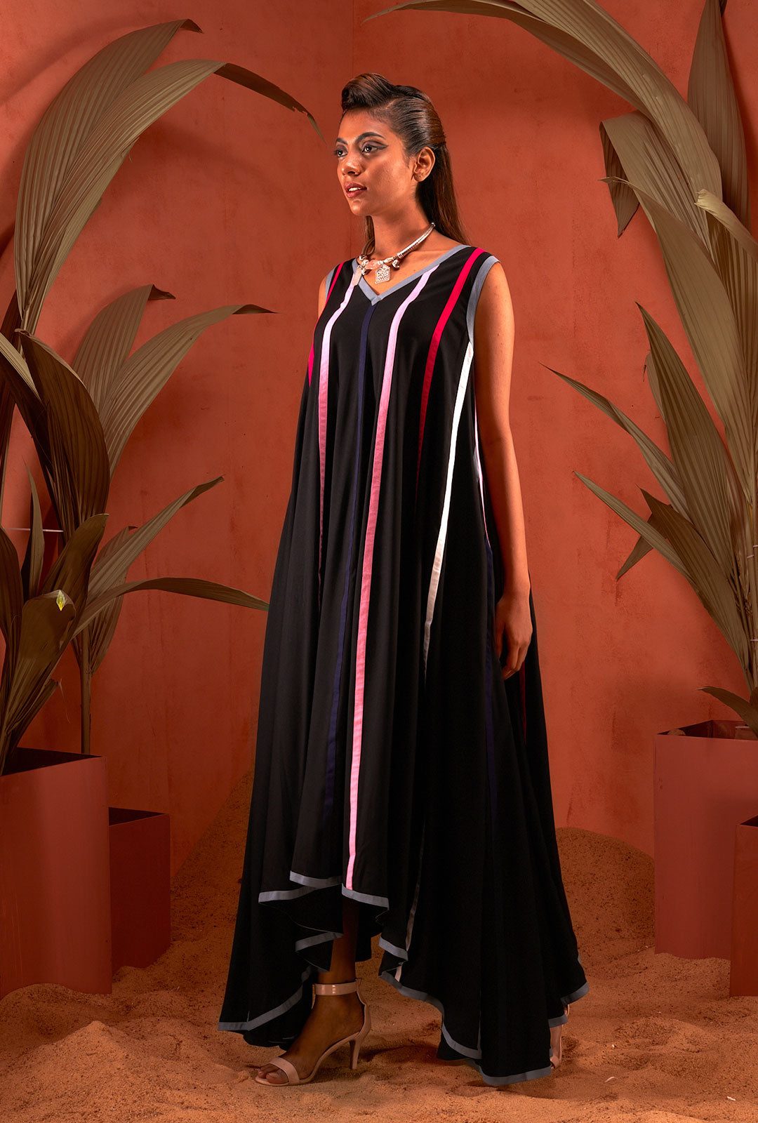 Panelled Multi Hue Asymmetric  Gown