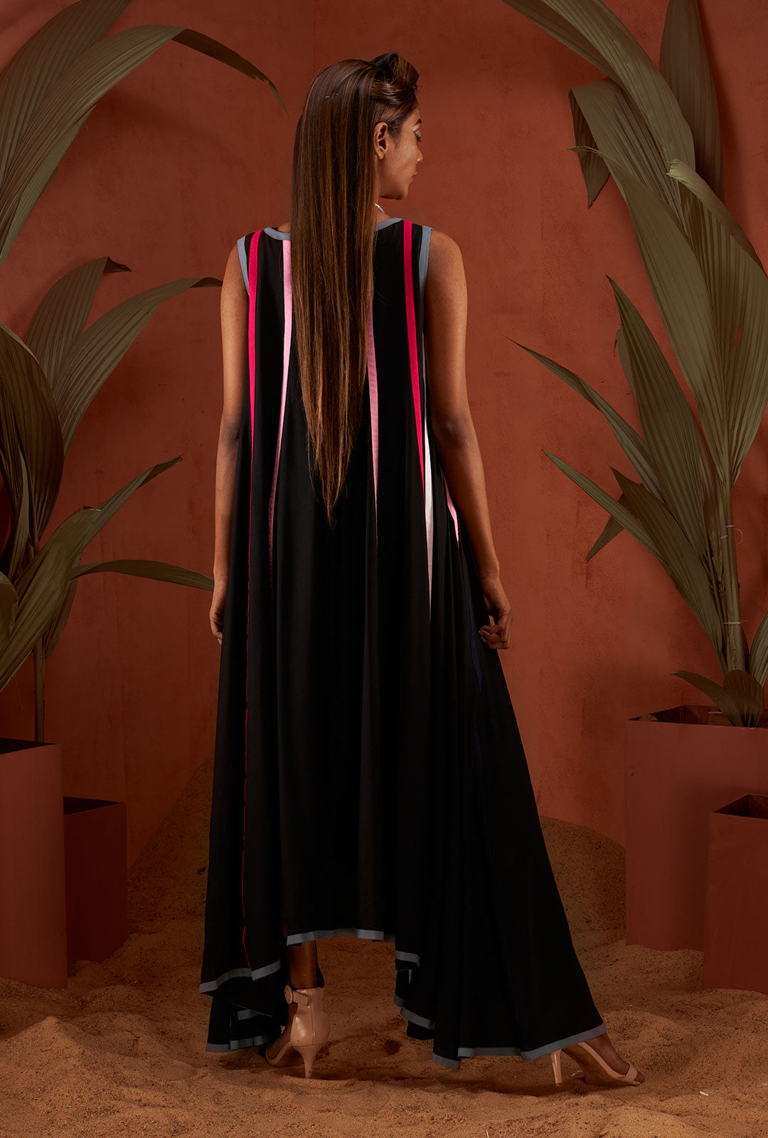 Panelled Multi Hue Asymmetric  Gown