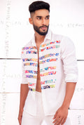 Front view of an offwhite shirt with stripe patchwork.