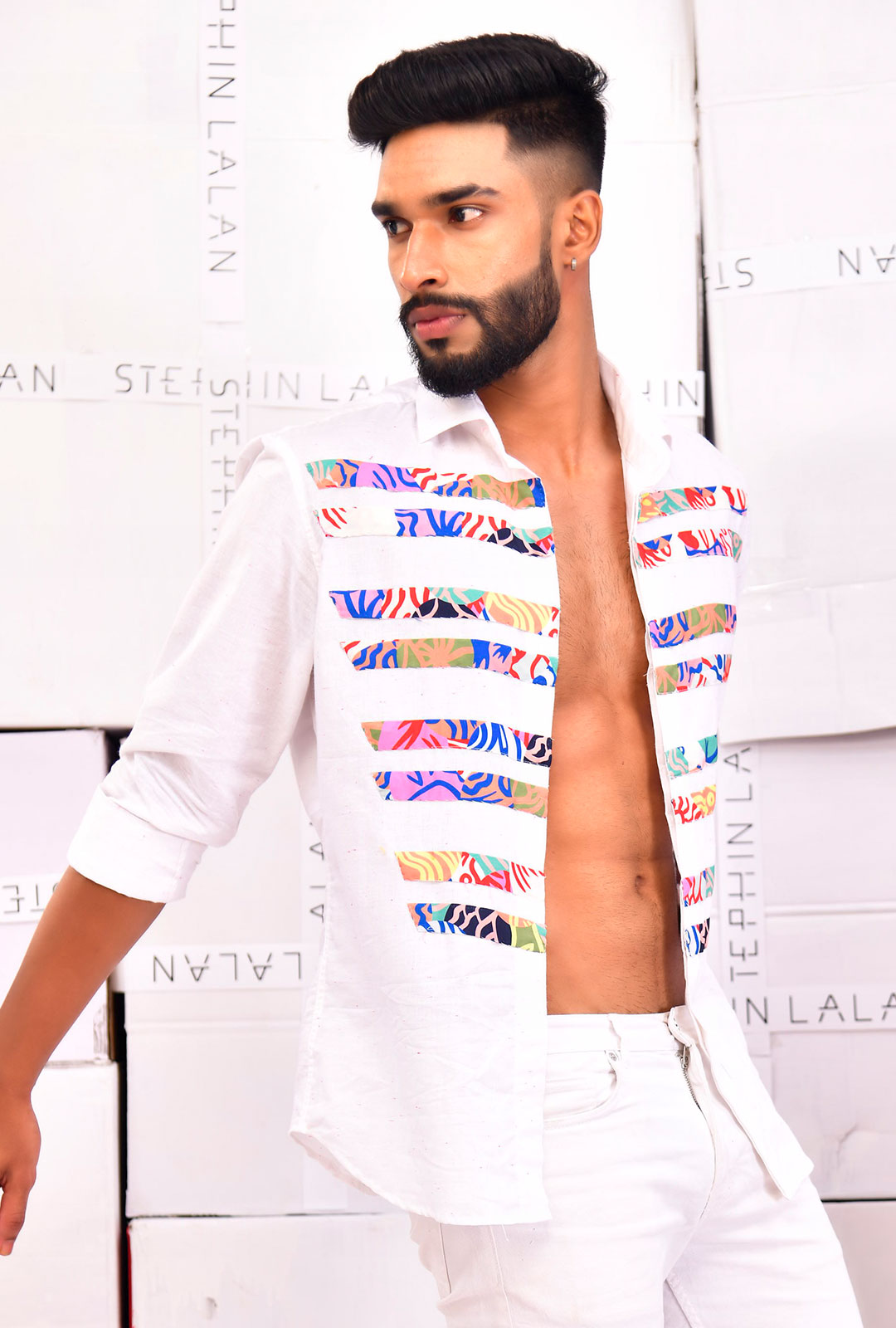 Front view of an offwhite shirt with stripe patchwork.