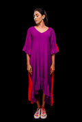 Front view of a reversible asymmetric dress.