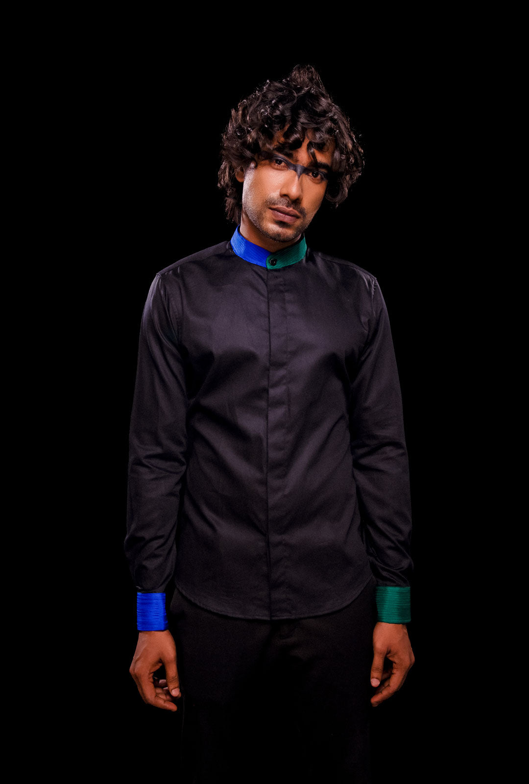 Front view of a black shirt with pintuck color block collar and cuff.