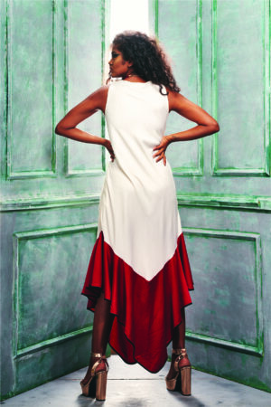 Back view of the sleeveless Tunic Dress With an Asymmetric Hem.