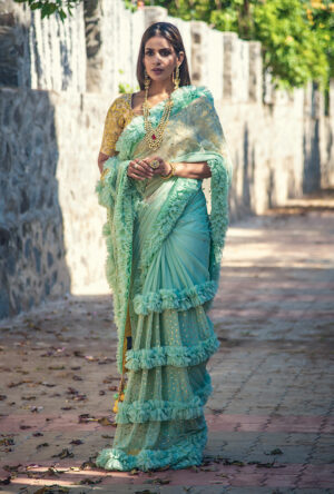 Mint Green Tulle Emboridered Ruffle Saree