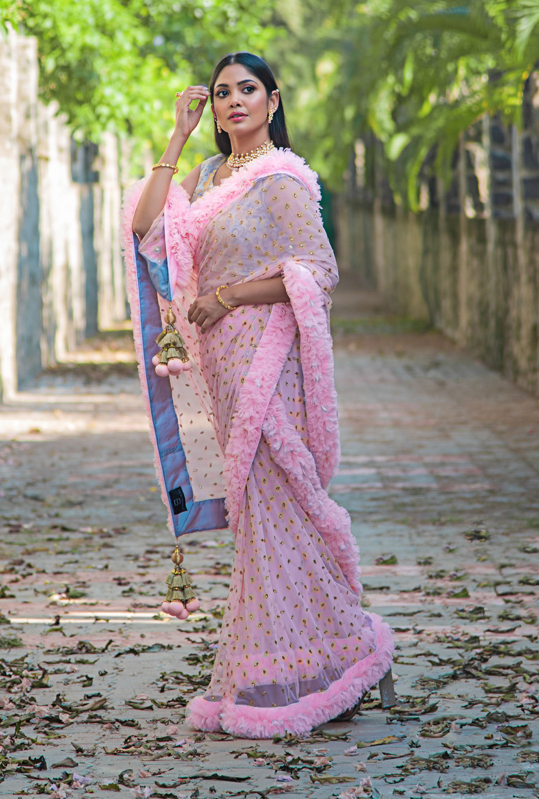 Flora Pink Printed Ruffle Saree – Thread & Button