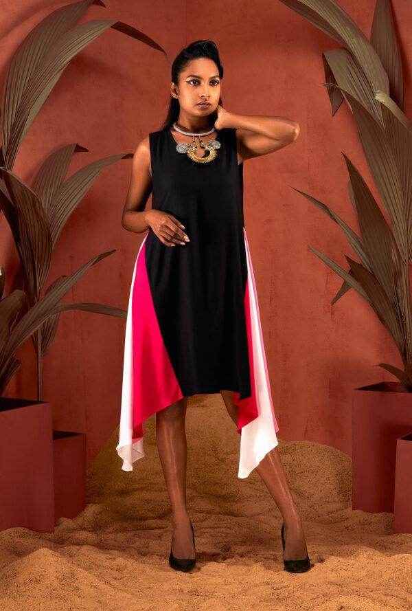 Front view of a black asymmetric sleeveless dress.