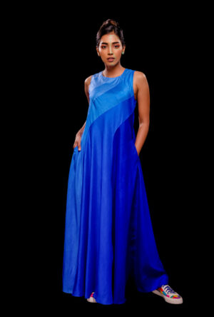 Front view of sleeveless ombre color block gown in blue.