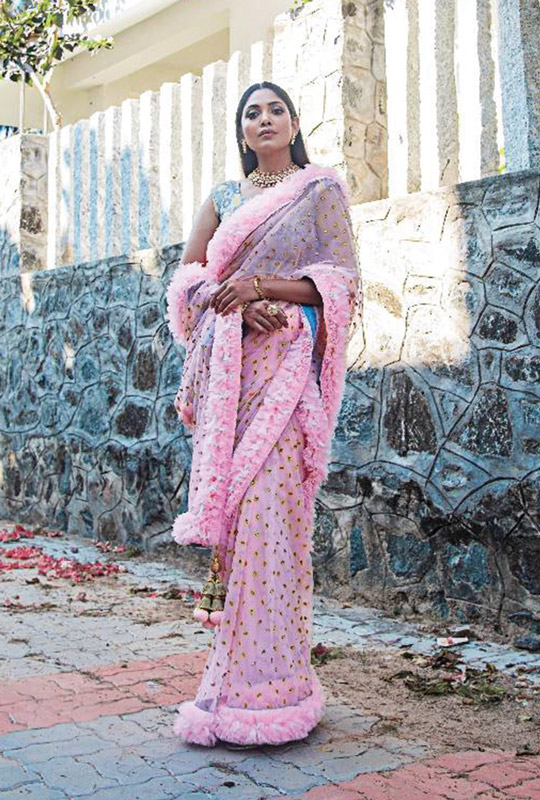 Taffy Pink Tulle Embroidered Ruffle Saree | STEPHIN LALAN