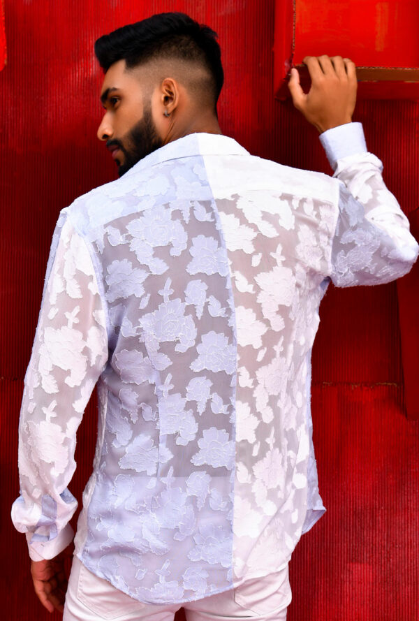 Back view of a white color block brasso shirt.