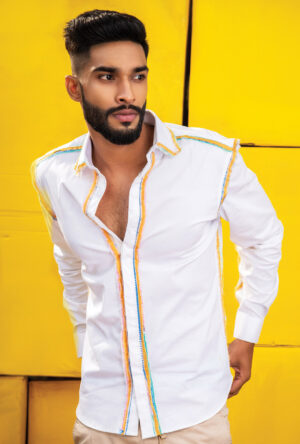 Front view of a white shirt with fray detail on seams.